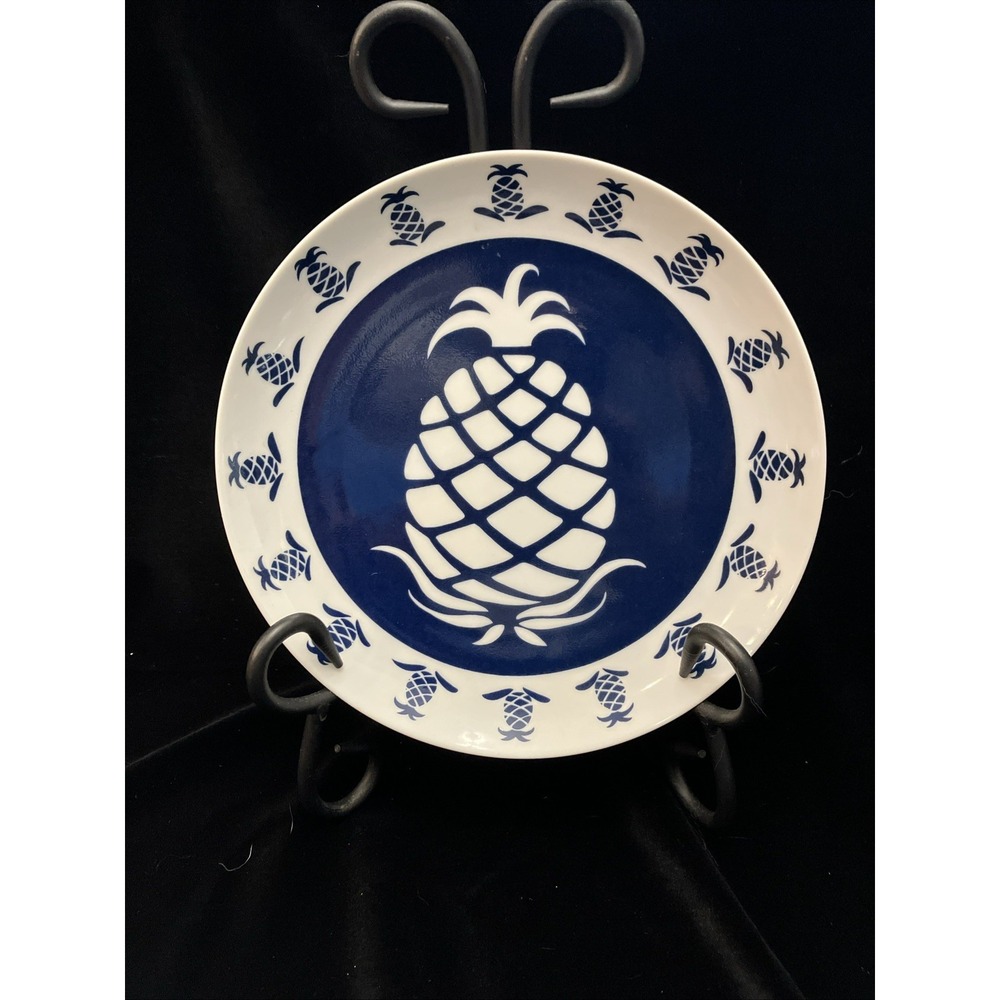 Vintage Curzon Pineapple Plate Cobalt Blue White Welcome Japan 8.25 Inch